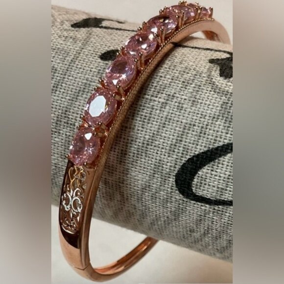 Vintage Rose Gold Bracelet Pink Gemstones Simple Clasp - Picture 1 of 16